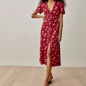 Reformation Lockin Red Floral Midi Dress “Cassia”